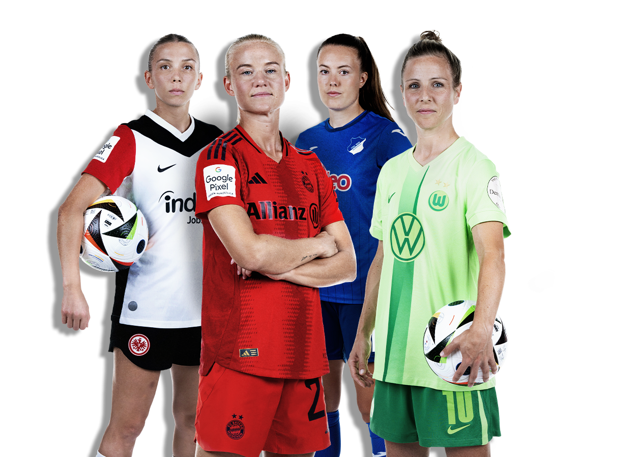 Vier Spielerinnen aus der Google Pixel Frauen-Bundesliga blicken fokussiert in die Kamera.